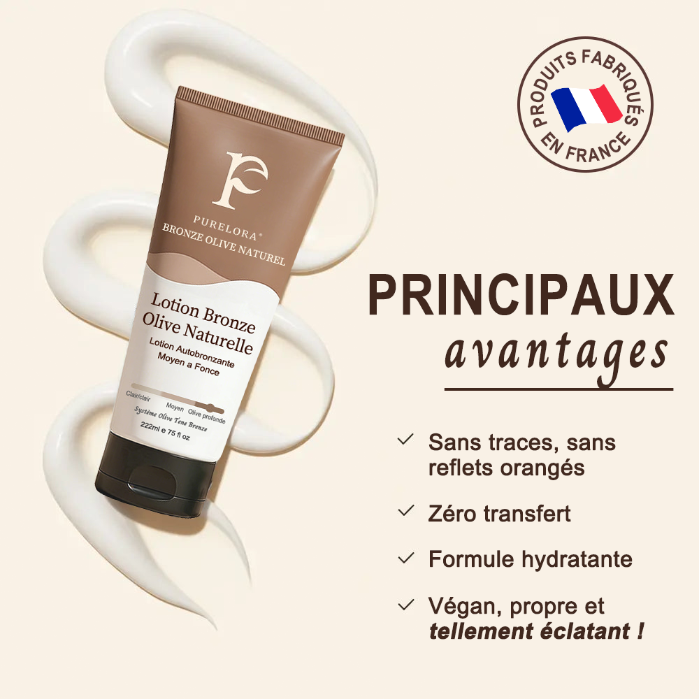 🇫🇷Purelora® Natural Olive Bronze Self Tanner Lotion Corps – Éclat progressif sans soleil, application uniforme, sans sous-ton orangé, hydratation intense, végan et cruelty-free