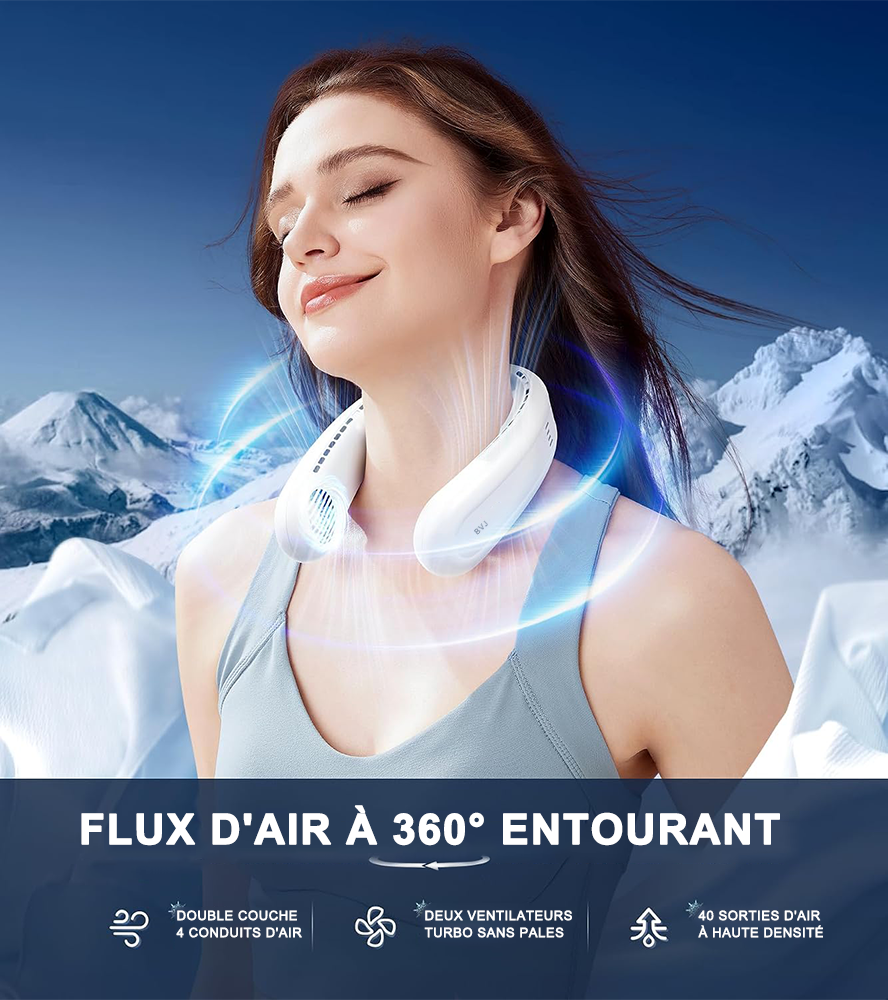 ❄️ Ventilateur de cou portable avec double refroidissement à semi-conducteurs | Flux d’air à 360° • Jusqu’à 8 h d’autonomie • 3 vitesses | Idéal pour l’été, les voyages et les activités en extérieur