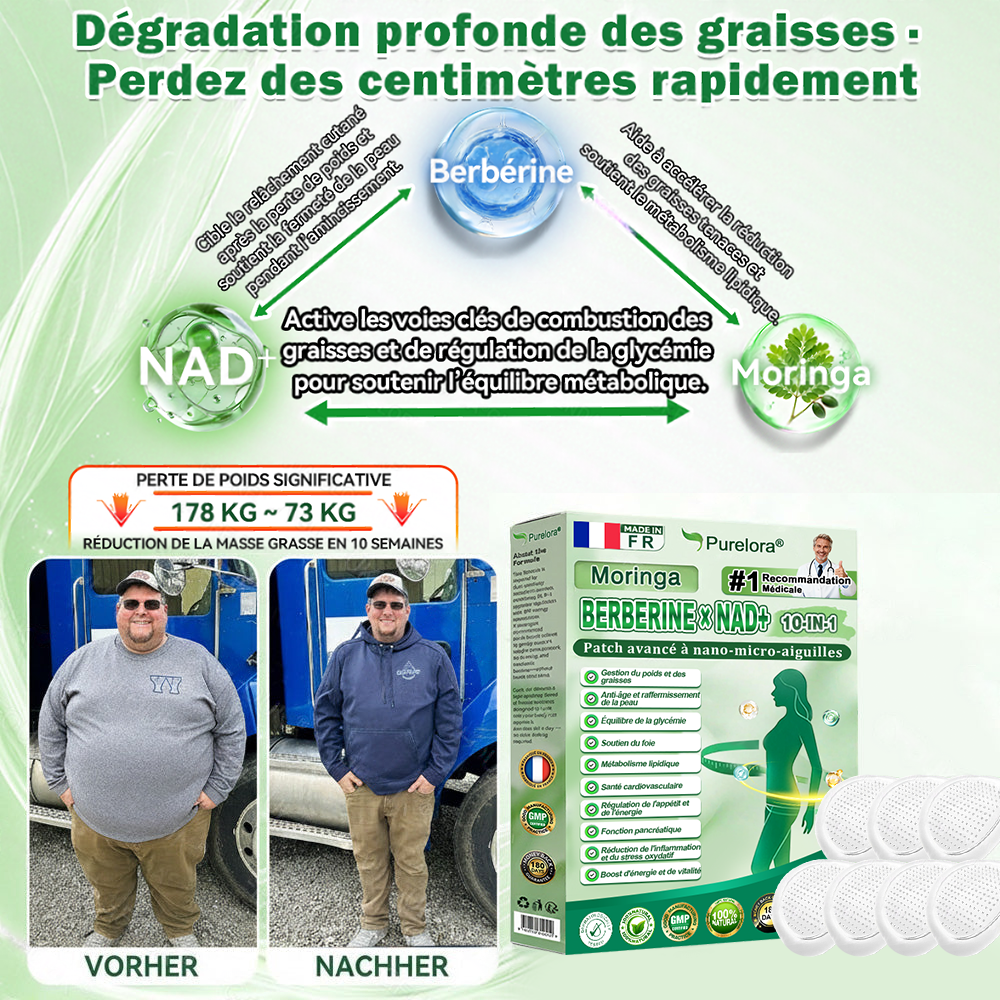 🇫🇷 Nouveauté 2026丨 Purelora® Moringa Berbérine x NAD+ Patch Nano-Microneedle 10-en-1 Une application par jour, changements visibles dès 7 jours. Pour accompagner la gestion du poids et le bien-être global