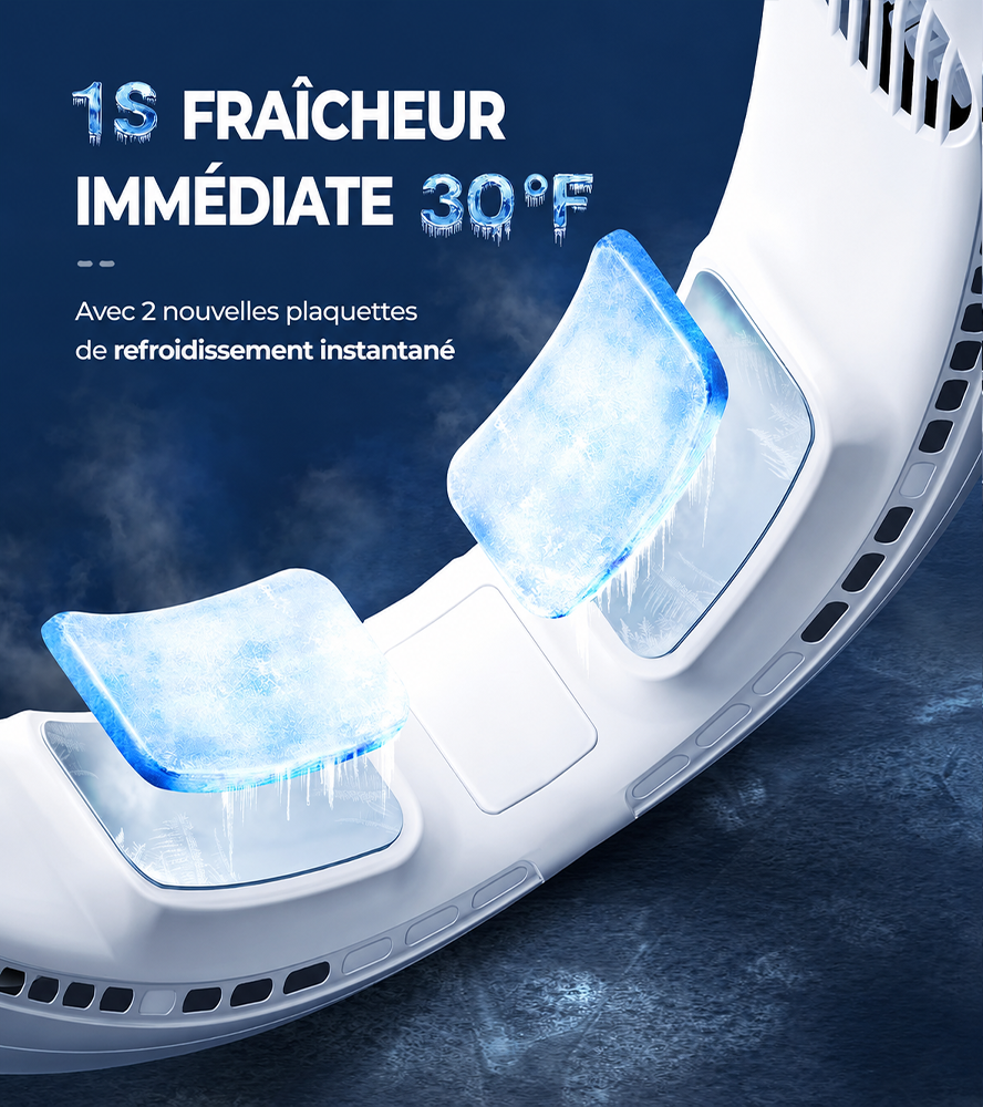 ❄️ Ventilateur de cou portable avec double refroidissement à semi-conducteurs | Flux d’air à 360° • Jusqu’à 8 h d’autonomie • 3 vitesses | Idéal pour l’été, les voyages et les activités en extérieur
