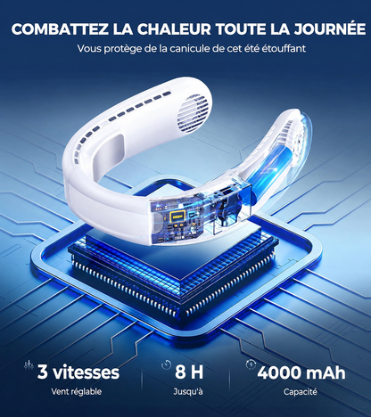 ❄️ Ventilateur de cou portable avec double refroidissement à semi-conducteurs | Flux d’air à 360° • Jusqu’à 8 h d’autonomie • 3 vitesses | Idéal pour l’été, les voyages et les activités en extérieur