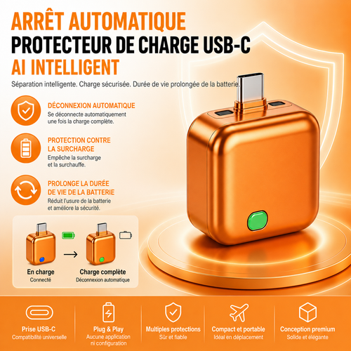 Protecteur de charge USB-C 140 W avec IA et arrêt automatique à pleine charge