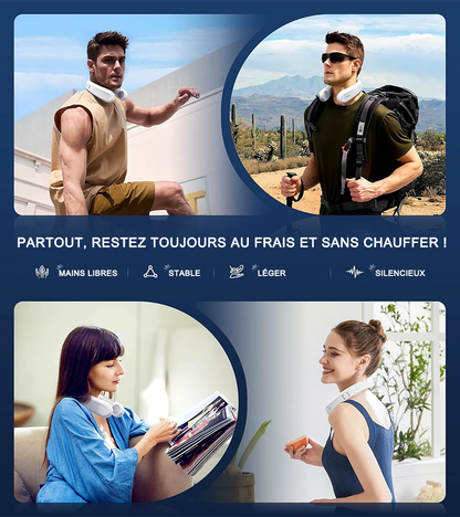 ❄️ Ventilateur de cou portable avec double refroidissement à semi-conducteurs | Flux d’air à 360° • Jusqu’à 8 h d’autonomie • 3 vitesses | Idéal pour l’été, les voyages et les activités en extérieur