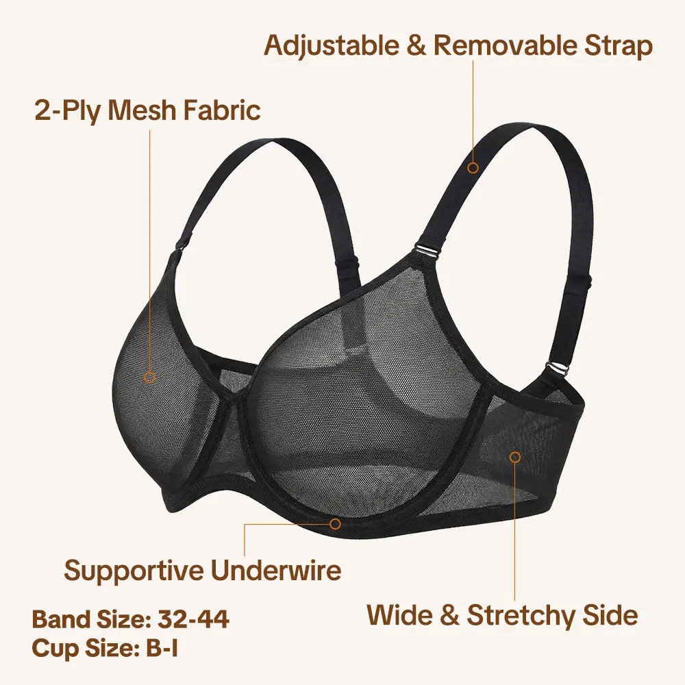 ✨ Soutien-gorge femme en maille transparente ultra-légère – Respirant, sans rembourrage, avec armatures & bretelles convertibles