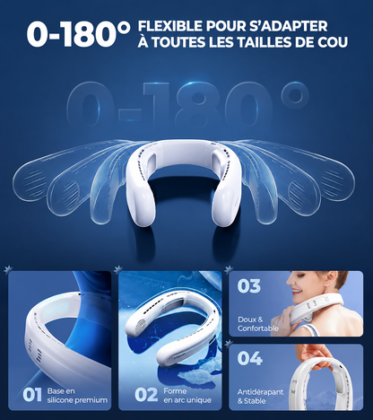 ❄️ Ventilateur de cou portable avec double refroidissement à semi-conducteurs | Flux d’air à 360° • Jusqu’à 8 h d’autonomie • 3 vitesses | Idéal pour l’été, les voyages et les activités en extérieur