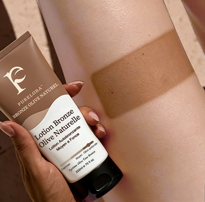 🇫🇷Purelora® Natural Olive Bronze Self Tanner Lotion Corps – Éclat progressif sans soleil, application uniforme, sans sous-ton orangé, hydratation intense, végan et cruelty-free
