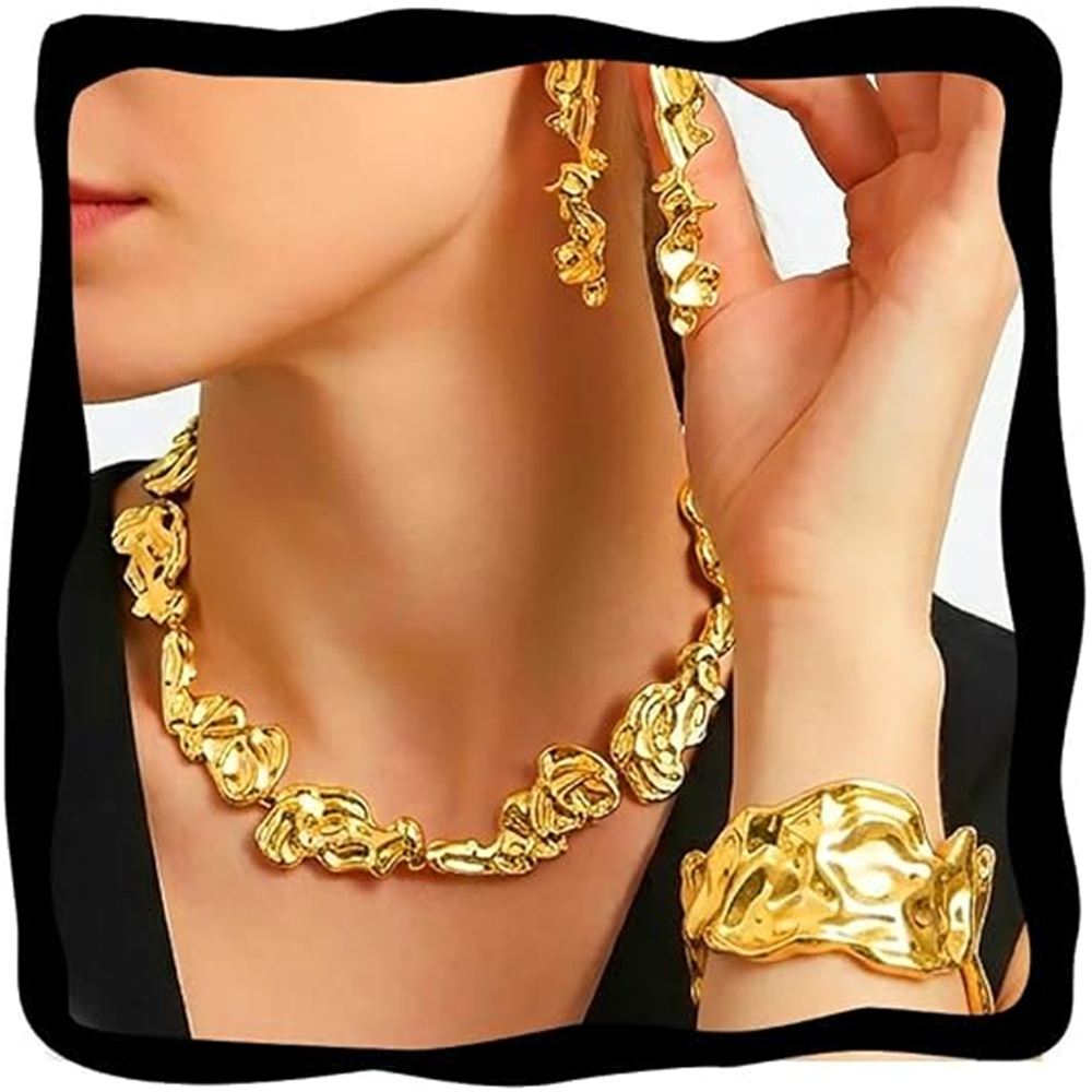 ✨ Parure Bijoux Dorée Femme – Collier, Bracelet & Boucles d’Oreilles au Design Liquide Élégant