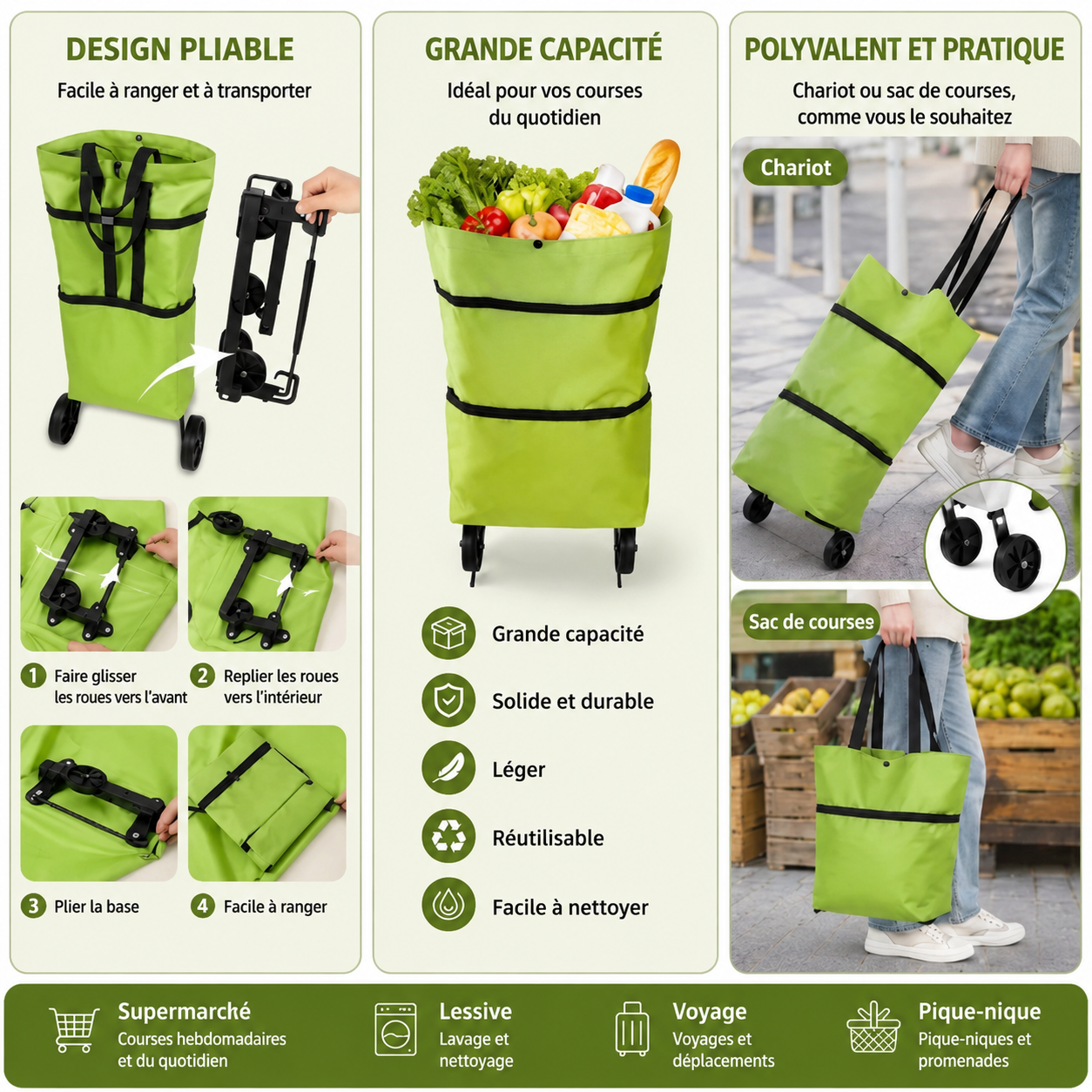 💖 Nouveau chariot de courses pliable 2-en-1 – Imperméable, résistant et pratique au quotidien !