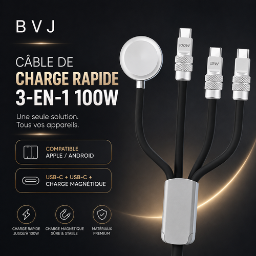 BVJ ™ 100 W – Câble de charge rapide 3-en-1 avec chargeur Apple Watch