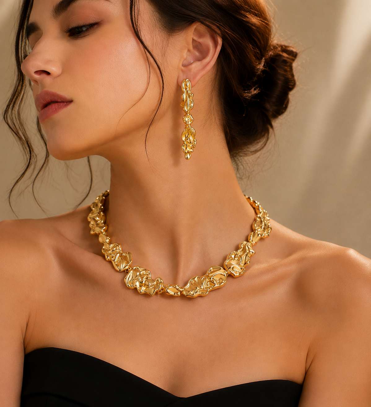 ✨ Parure Bijoux Dorée Femme – Collier, Bracelet & Boucles d’Oreilles au Design Liquide Élégant