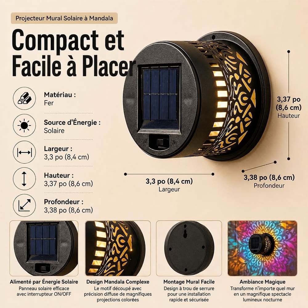 Lampe Solaire Mandala d’Extérieur – Projection Lumineuse pour Jardin, Clôture, Terrasse et Patio