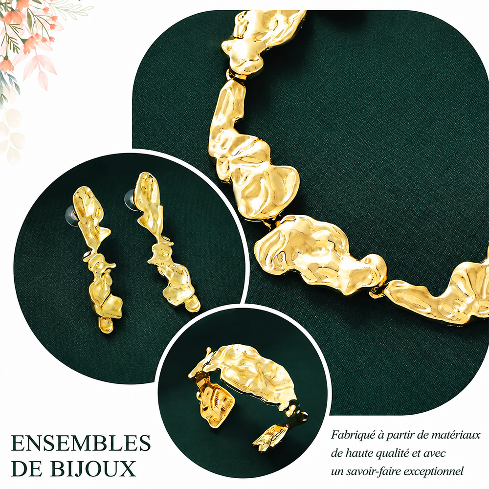 ✨ Parure Bijoux Dorée Femme – Collier, Bracelet & Boucles d’Oreilles au Design Liquide Élégant