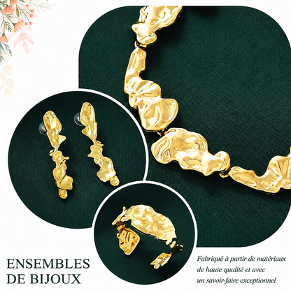 ✨ Parure Bijoux Dorée Femme – Collier, Bracelet & Boucles d’Oreilles au Design Liquide Élégant