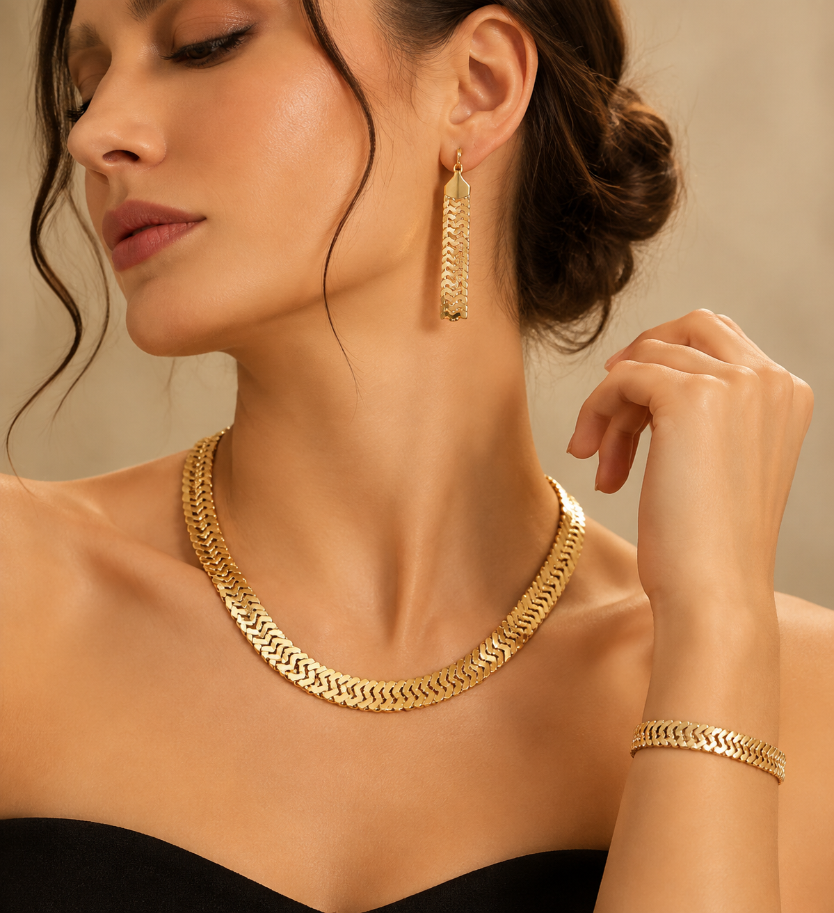 ✨ Parure Bijoux Dorée Femme – Collier, Bracelet & Boucles d’Oreilles au Design Liquide Élégant