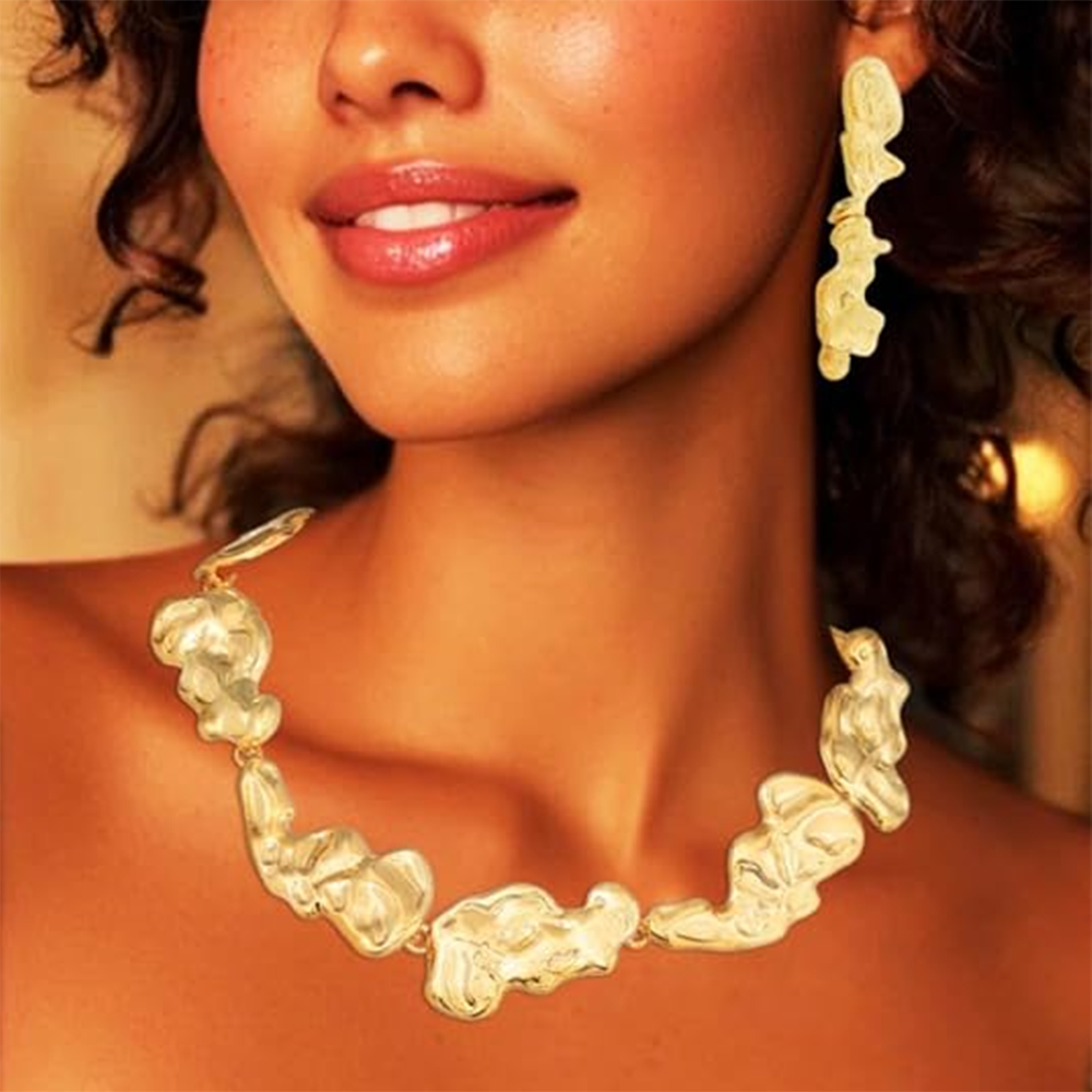 ✨ Parure Bijoux Dorée Femme – Collier, Bracelet & Boucles d’Oreilles au Design Liquide Élégant