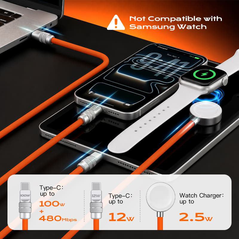 BVJ ™ 100 W – Câble de charge rapide 3-en-1 avec chargeur Apple Watch